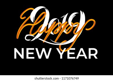 Isolated 3D Rounded Headline Font. Neon Bubble Typeset with Painted Letters. Matte Golden Color. Vector Winter Holiday Greeting Poster with Happy 2019 New Year Hand-Drawn Lettering. Easy to edit.