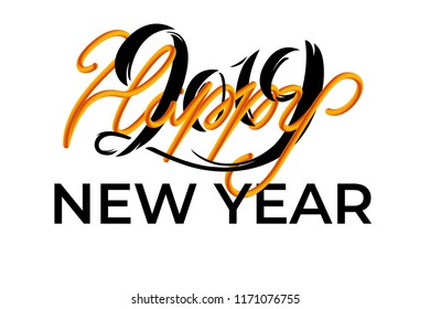 Isolated 3D Rounded Headline Font. Neon Bubble Typeset with Painted Letters. Matte Golden Color. Vector Winter Holiday Greeting Poster with Happy 2019 New Year Hand-Drawn Lettering. Easy to edit.