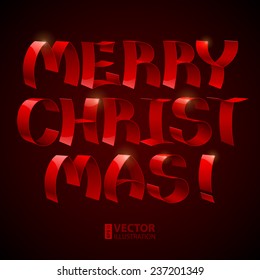 Isolated 3d shiny red ribbons Merry Christmas! text on black background. RGB EPS 10 vector illustration