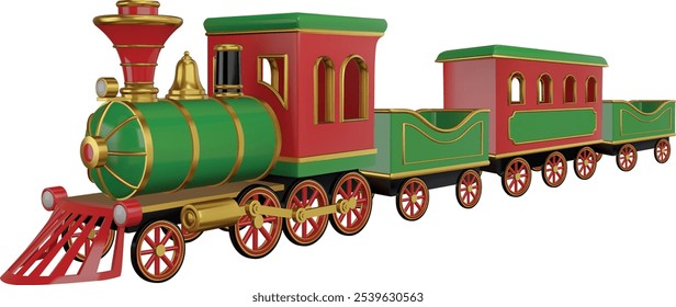 isolated 3d steam train side view. christmas green, gold and red toy train realistic illustration