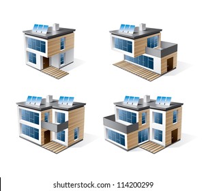 Isolated 3d vector icons of four modern family house with brown wood facade. Residential buildings in perspective view with blue solar panels on the roof. Eco housing living.