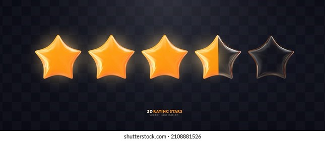 Isolated 3d Vector Rating Stars On Dark Transparent Background. Vote Quality Ranking Yellow And Glass Star Design Elements.