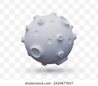 Isolated 3D vector round moon. White atmosphereless planet with craters