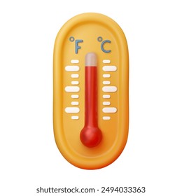 Isolated 3D Weather thermometer with hot temperature. Realistic vector illustration on white background