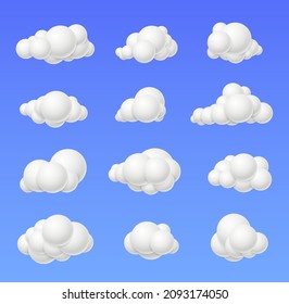 Isolated 3d white clouds. Cloud render, cartoon heaven elements. Decorative cotton sky bubbles. Sphere shapes compositions exact vector set