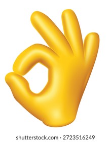 Isolado 3D Amarelo OK gesto da mão, estilo de desenho animado símbolo de dedo para o sucesso e aprovação no branco