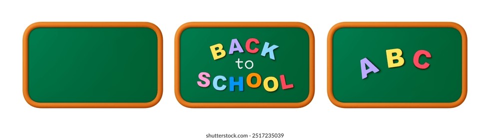 Quadro negro 3s isolado. Quadros negros vazios da escola com frases de volta à escola e letras abc. Equipamento para sala de aula educacional, elementos vetoriais realistas