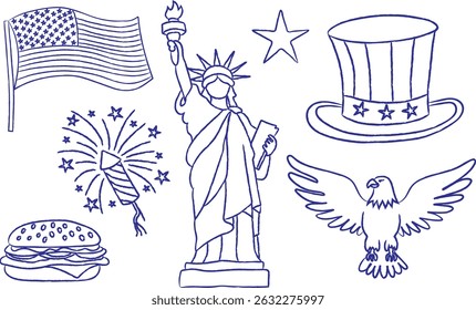isolated 4th of july vector set elements - blue pen line art fireworks statue of liberty eagle USA flag star hat burger independence day