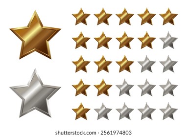 Isolated 5, 4, 3 shiny realistic gold, silver star with metallic effect. Five elements for medal, award, product rating, hotels status on white background, customer feedback, review. Vector EPS10