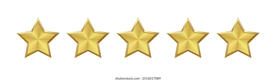 Isolated 5 shiny gold, brass star with metallic effect. Five elements for medals, awards, rating designation, hotels status on a transparent background, customer feedback, review. Vector EPS10