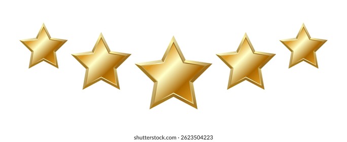 Isolated 5 shiny realistic gold on transparent background, matte star with metallic effect. Five elements for medal, award, rating designation, hotel status, customer feedback, review. Vector EPS10