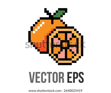 The isolated 8 bit pixel art orange fruit  with sliced piece icon