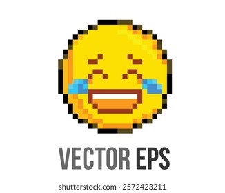 The isolated 8 bits pixel art yellow face laughing icon with crying tear