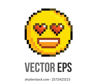 The isolated 8 bits pixel art yellow happy big smiley face icon with heart eyes