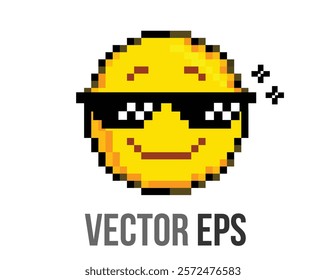 The isolated 8 bits pixel art yellow happy big smiley face icon with retro sunglasses eyes