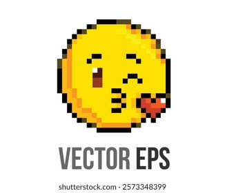 The isolated 8 bits pixel art yellow winking face icon with puckered lips blowing kiss heart