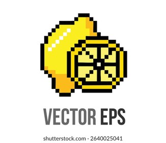 The isolated 8 bits pixel art yellow lemon fruit icon with sliced piece