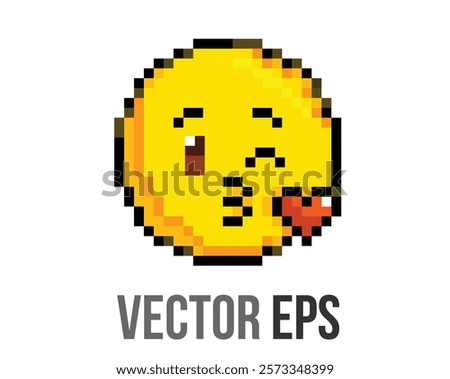 The isolated 8 bits pixel art yellow winking face icon with puckered lips blowing kiss heart