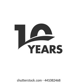 Isolated abstract 10 years anniversary vector logo. Happy 10th birthday greeting card.  Black color writing on the white background.
