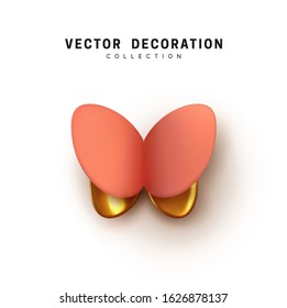 Isolated Abstract 3d butterfly. Vector Elegant Butterflies. Insects moth volume shape. Natural Design Elements. Pink and golden color.