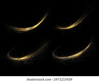 Isolated abstract arcs with gold shiny tinsel on a black background.