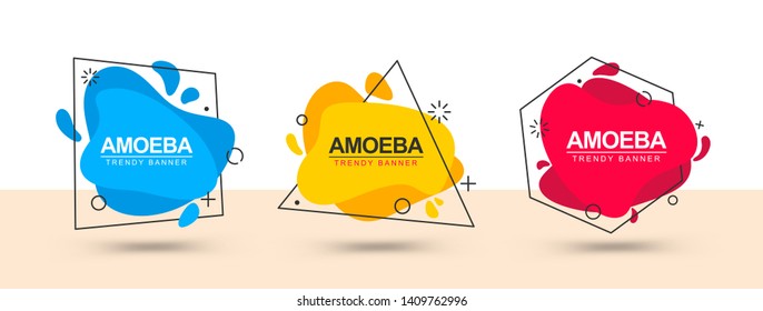 Isolated abstract banners in memphis design style. Vector banners with black outlines in the shape of triangle, square and polygon for ad, web site, typography, marketing and more.