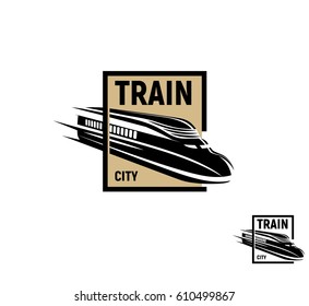 Isolated abstract black color train in brown square logo on white background, monochrome modern railway transport logotype, railroad element in engraving style vector illustration.