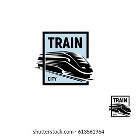 Isolated abstract black color train in blue square logo on white background, monochrome modern railway transport logotype, railroad element in engraving style vector illustration.