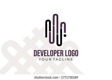 Isolated Abstract black and purple Developer Logo Template, for your company, business, coding team, developer industries, manufacture, technology analyst, and many more.
