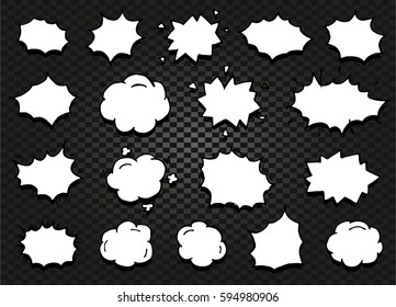 Isolated abstract black and white color comics speech balloons icons collection on checkered background, dialogue boxes signs set,dialog frames vector illustration.