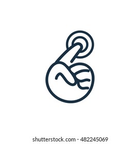 Isolated abstract black and white human hand logo. Pointing finger logotype. Push button sign. Cursor click symbol. Computer digital element. Choice icon. Vector illustration.