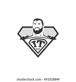 Isolated abstract black and white IT man logo. Super computer hero logotype. Comic icon. Professional programmer emblem. Vector IT illustration