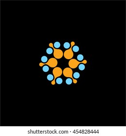 Isolated abstract blue and orange color flower vector logo. Round shape sun illustration on the black background. Molecular structure. Virus image. Medical element. Firework sign. Paint drops splash.