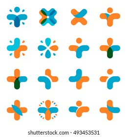 Isolated abstract blue, orange cross logo set. Medical logotype collection. Religious icon. Vector medical illustration. Health sign. Hospital symbol. Arithmetic plus, multiplication element