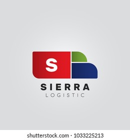 Isolated abstract blue and red color truck silhouette logo on white background, transportation logotype with Letter S initial vector illustration.