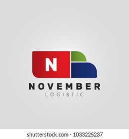 Isolated abstract blue and red color truck silhouette logo on white background, transportation logotype with Letter N initial vector illustration.