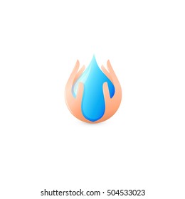 Isolated abstract blue water drop surrounded by human hands logo. Natural pure liquid logotype. Fresh drink icon. Dew sign. Vector water drop illustration