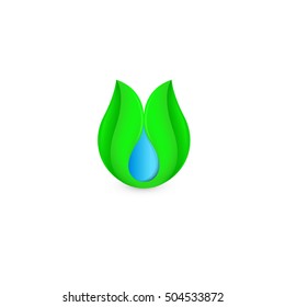 Isolated abstract blue water drop in green leaf logo. Natural pure liquid logotype. Fresh drink icon. Dew sign. Vector illustration