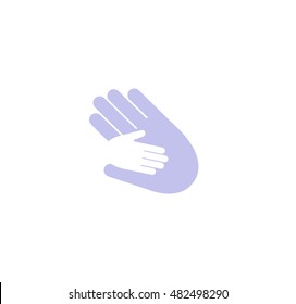 Isolated Abstract Blue And White Adult And Child Hands Logo. Holding Hands Family Logotype. Parent And Kid Palms Icon.Orphanage Sign. Negative Space.Adoption Symbol. Father's Care Vector Illustration.