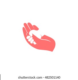 Isolated abstract blue and white adult and child hands logo. Negative space family logotype. Parent and kid palms icon. Orphanage sign. Adoption symbol. Father or mother's care vector illustration.