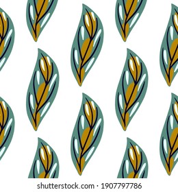 Isolated abstract botanic seamless pattern with doodle leaf silhouettes in blue and brown tones. White background. Designed for fabric design, textile print, wrapping, cover. Vector illustration