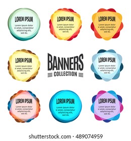 Isolated abstract bright colorful round shape logo set on the white background. Advertising banners logotypes collection. Unusual informative stickers group. Web templates signs. Vector illustration.