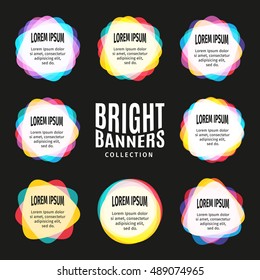 Isolated abstract bright colorful round shape logo set on the black background. Advertising banners logotypes collection. Unusual informative stickers group. Web templates signs. Vector illustration.