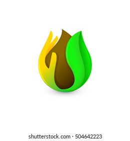 Isolated abstract brown color drop in palm and green leaf logo. Coffee and chocolate logotype. Natural products icon. Eco drink vector illustration