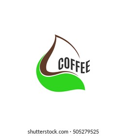 Isolated abstract brown color drop in green leaf logo. Coffee and chocolate logotype. Natural products icon. Eco drink sign. Vector illustration