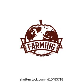Isolated abstract brown color round shape pumpkin logo on white background, farming logotype,autumn vegetable, unusual globe vector illustration.