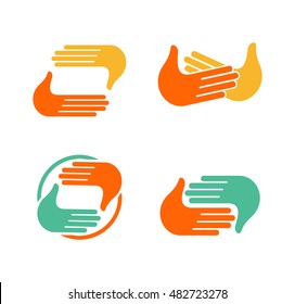 Isolated abstract clapping hands logo set. Give five logotype collection. Shaking hands sign. Greeting symbol. Positive friendly congratulating gesture icon.Photo shooting studio. Vector illustration.