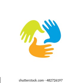 Isolated abstract colorful children hands together logo. Kids playroom logotype. Kindergarten sign. Handprints in paint symbol. Art school emblem. Vector illustration.