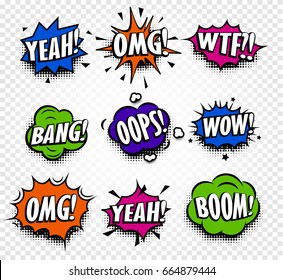 Isolated abstract colorful comics speech balloons icons collection on checkered background, dialog boxes with popular expressions set,pop art dialog frames vector illustration.
