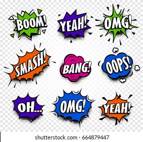 Isolated abstract colorful comics speech balloons icons collection on checkered background, dialog boxes with popular expressions set,pop art dialog frames vector illustration.
